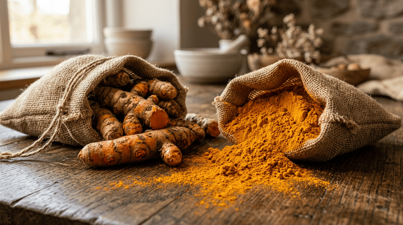 Raíz y polvo de cúrcuma fresca, ingredientes clave por sus beneficios medicinales, presentados en sacos artesanales.
