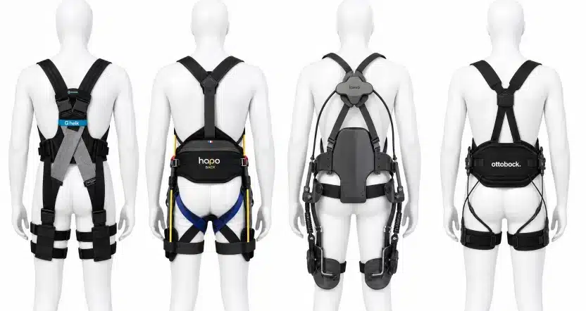 Comparativa de cuatro exoesqueletos lumbares pasivos: HELK de Gogoa, Hapo BACK, Laevo V2 y Ottobock Paexo Back sobre maniquíes
