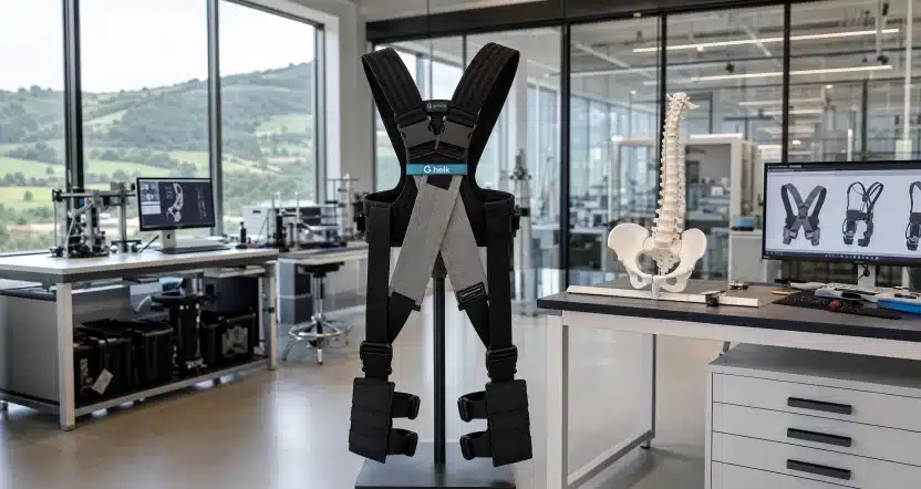 Exoesqueleto lumbar HELK de Gogoa Mobility Robots expuesto en laboratorio de I+D biomédico con paisaje vasco al fondo