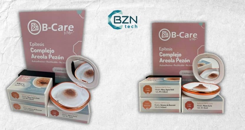 Cajas de epítesis CAP B-Care de los modelos Mary Jayne Gold, Simone de Beauvoir y Marie Curie, junto a un estuche abierto y el catálogo oficial de BZN Tech.