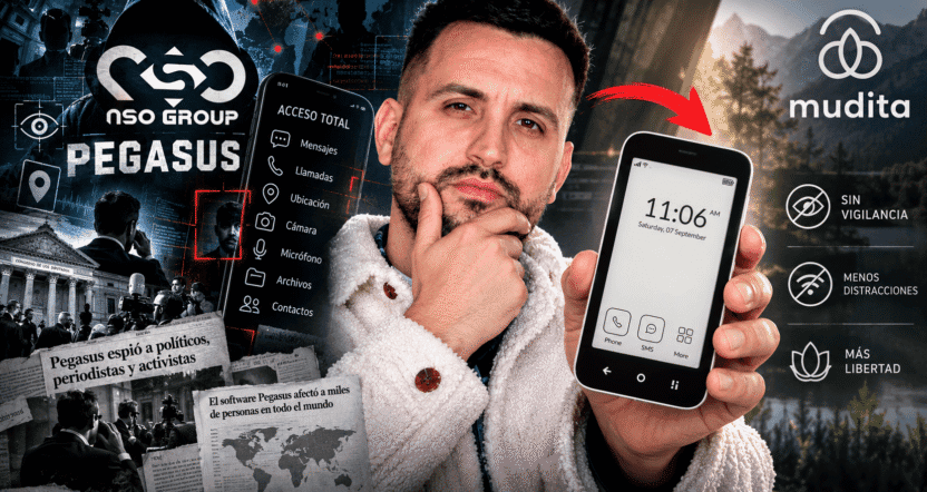 Montaje sobre el software espía Pegasus y la vigilancia digital, con un usuario sosteniendo un teléfono Mudita Kompakt.
